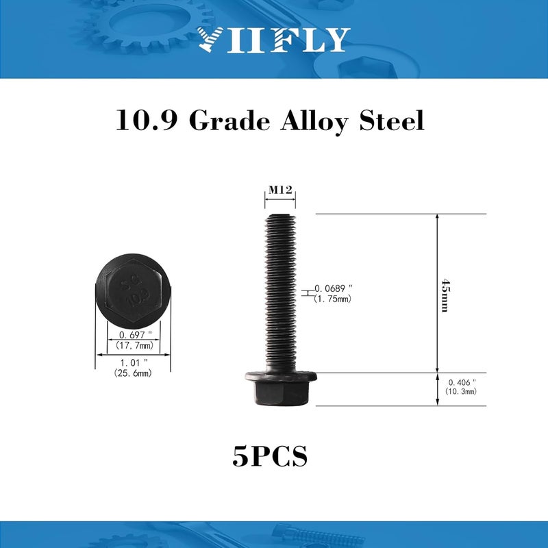 YIIFLY M12 x 45mm Flanged Hex Head Bolts Flange Hexagon Screws, M12x1.75 Bolt, 10.9 Grade Alloy Steel, Hexagon Head Bolts, Black Zinc Finish, Full Thread, Quantity 5 - Image 2